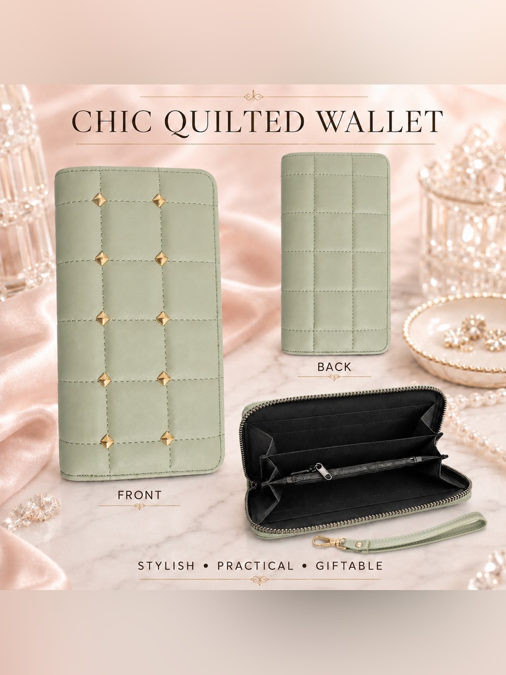 Quilted Zip-Around Wallet in Sage Green with Gold Studs